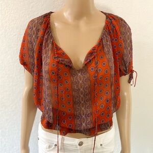 GUESS Y2K Women’s Boho Rust Orange Patterned Peasant Blouse